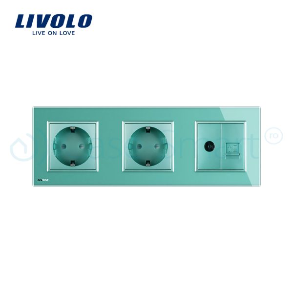 Priza tripla Livolo cu rama din sticla 2 prize simple+TV/internet