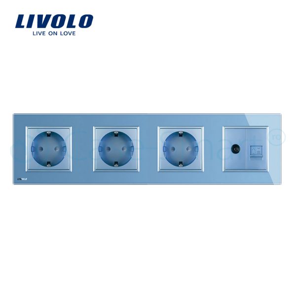 Priza cvadrupla Livolo cu rama din sticla 3 prize simple+TV/internet