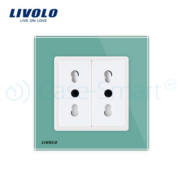 Priza dubla module inguste Livolo cu rama din sticla – standard german