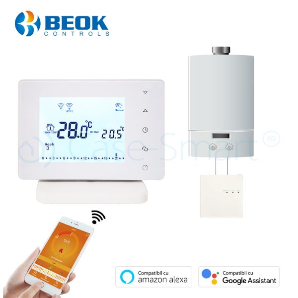 Termostat Wi-Fi pentru centrala termica pe gaz si incalzire in pardoseala cu agent termic BeOk BOT306RF-WIFI, Programabil, Memorare setari, Anti-inghet, Control de pe telefonul mobil