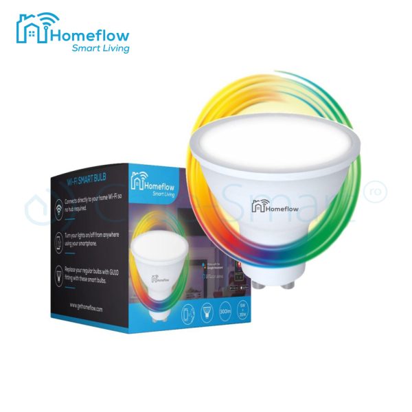 Bec inteligent LED Wireless Homeflow B-5001, GU10, 5W (35W), 300lm, RGB, dimabil, Control de pe telefonul mobil