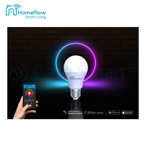 Bec inteligent LED Wireless Homeflow B-5011, E27, 9W (60W), 806lm, RGB, dimabil, Control de pe telefonul mobil