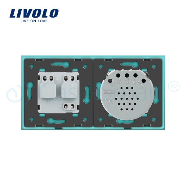 Intrerupator simplu cap scara / cap cruce + priza simpla Livolo rama din sticla
