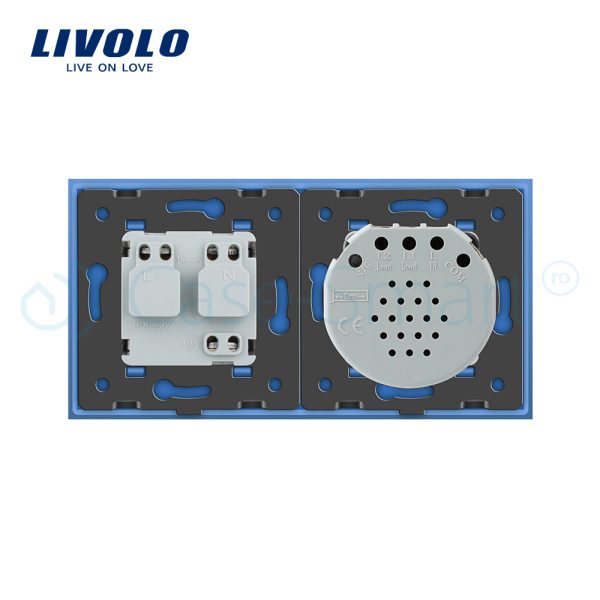 Intrerupator simplu cap scara / cap cruce + priza simpla Livolo rama din sticla