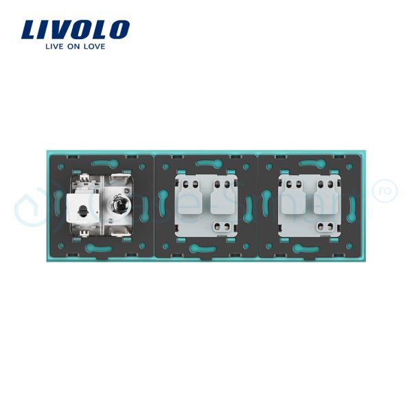 Priza tripla Livolo cu rama din sticla 2 prize simple+TV/internet