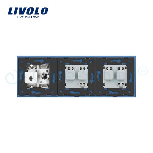 Priza tripla Livolo cu rama din sticla 2 prize simple+TV/internet