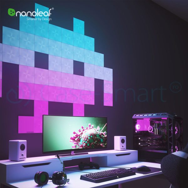 Kit 9 Panouri luminoase inteligente Nanoleaf Canvas cu senzor muzica, LED RGBW, Wi-Fi, Control tactil, Control de pe telefonul mobil
