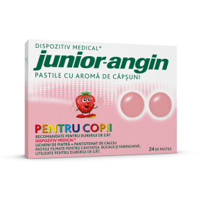 Junior Angin cu aroma de capsuni, 24 PASTILE, dureri de gat la copii