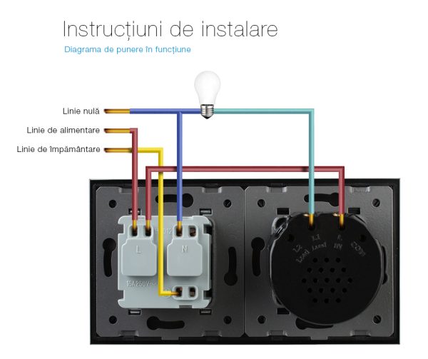 Intrerupator simplu cap scara / cap cruce + priza simpla Livolo rama din sticla