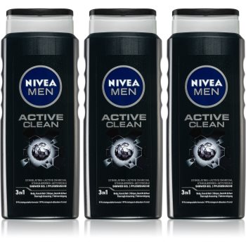 Nivea Men Active Clean Gel de duș pentru bărbați 3 x 500 ml (ambalaj economic)