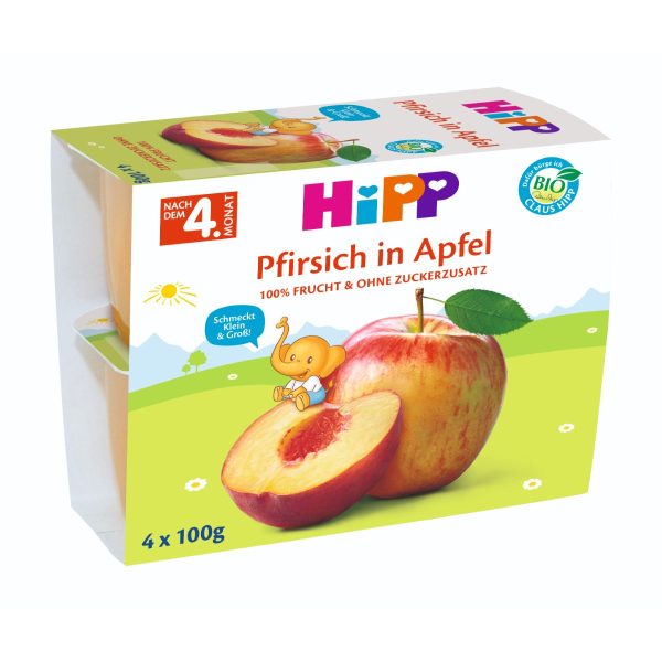 Gustare cu fructe-mere si piersici Hipp, 4 x 100 g