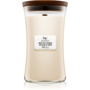 Woodwick White Tea & Jasmine lumânare parfumată cu fitil din lemn
