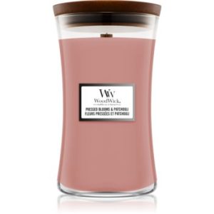 Woodwick Pressed Blooms & Patchouli lumânare parfumată cu fitil din lemn