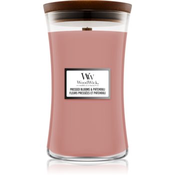 Woodwick Pressed Blooms & Patchouli lumânare parfumată cu fitil din lemn