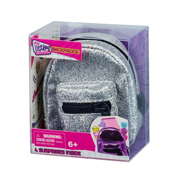 Mini ghiozdanel cu 4 surprize, Real Littles, S4, Argintiu cu sclipici
