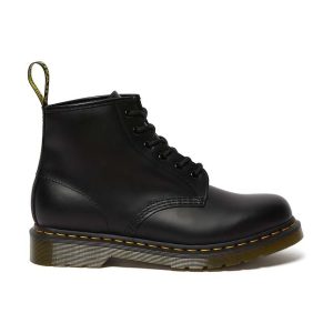 Dr. Martens bocanci de piele 101 Yellow Stitch femei, culoarea negru, cu toc plat