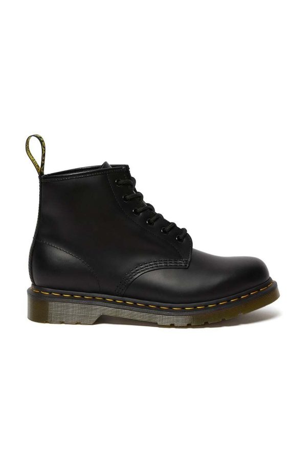 Dr. Martens bocanci de piele 101 Yellow Stitch femei, culoarea negru, cu toc plat