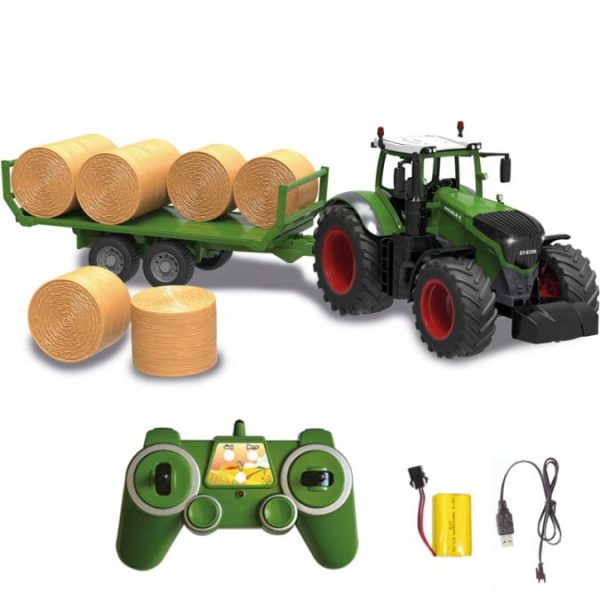 Tractor de ferma RC cu telecomanda, remorca pentru transport baloti cu fan inclusa, scara 1:16, 2.4GHz RTR