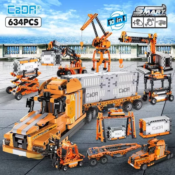 Set constructie pentru copii din 634 piese, 10 in 1 CADA, Camion de jucarie sau alte 9 utilaje din port, smart 2.4GHz