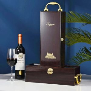 Cutie Lemn Deluxe Maro Royale pentru O Sticla cu 3 Accesorii - Gift Set