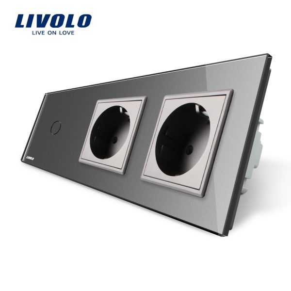 Intrerupator LIVOLO simplu cap scara / cap cruce cu touch si 2 prize din sticla