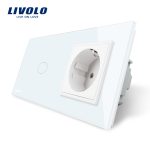 Intrerupator simplu cap scara / cap cruce + priza simpla Livolo rama din sticla