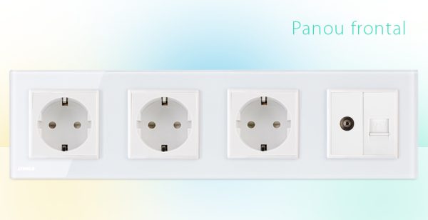 Priza cvadrupla Livolo cu rama din sticla 3 prize simple+TV/internet
