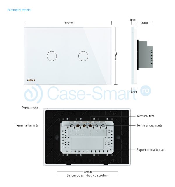 Intrerupator dublu cu variator cu touch Livolo din sticla – standard italian