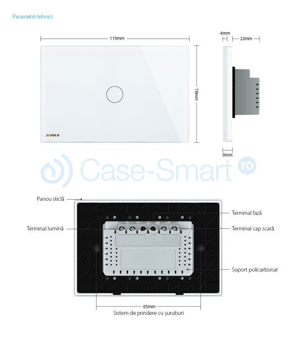 Intrerupator cu variator wireless cu touch Livolo din sticla – standard italian