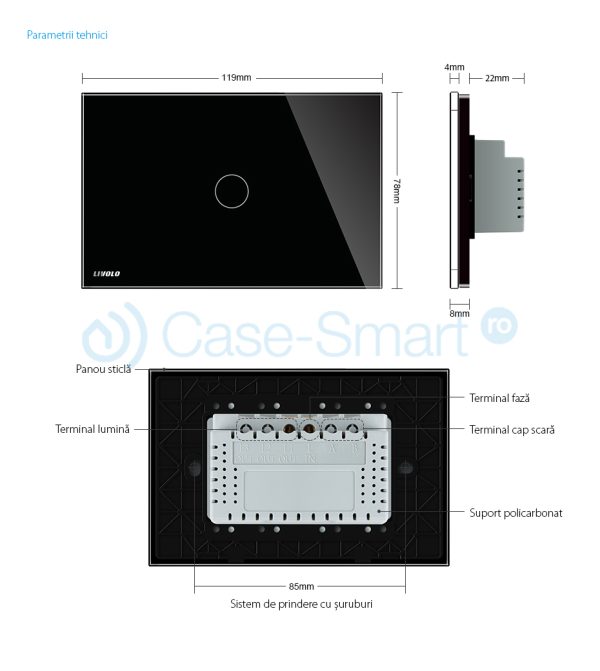 Intrerupator cap scara/cruce wireless cu touch Livolo din sticla – standard italian