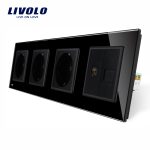 Priza cvadrupla Livolo cu rama din sticla 3 prize simple+TV/internet
