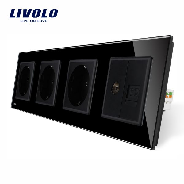 Priza cvadrupla Livolo cu rama din sticla 3 prize simple+TV/internet