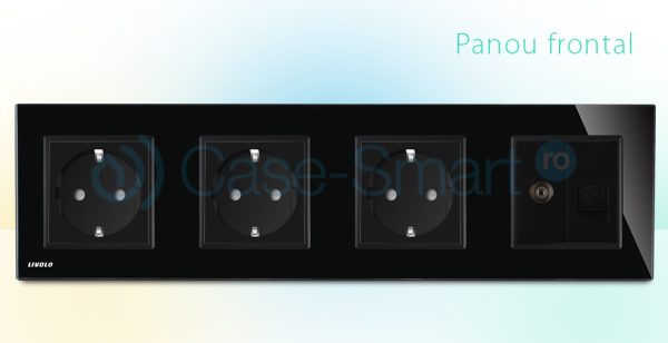 Priza cvadrupla Livolo cu rama din sticla 3 prize simple+TV/internet