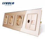 Priza cvadrupla Livolo cu rama din sticla 3 prize simple+TV/internet