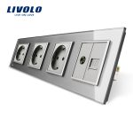 Priza cvadrupla Livolo cu rama din sticla 3 prize simple+TV/internet
