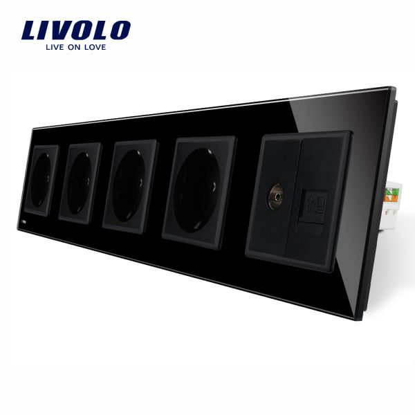 Priza cvintupla + priza TV Internet Livolo cu rama din sticla