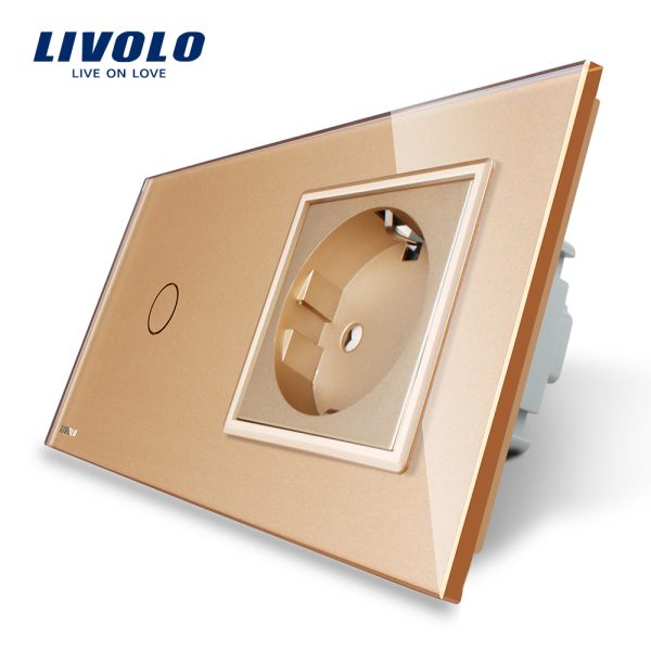 Intrerupator simplu cap scara / cap cruce + priza simpla Livolo rama din sticla
