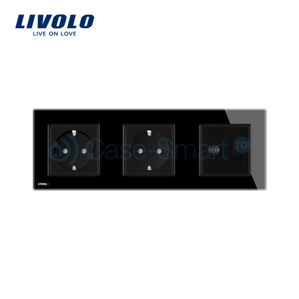 Priza tripla Livolo cu rama din sticla 2 prize simple+TV/internet