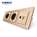 Priza tripla Livolo cu rama din sticla 2 prize simple+TV/internet