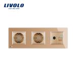 Priza tripla Livolo cu rama din sticla 2 prize simple+TV/internet