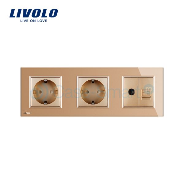 Priza tripla Livolo cu rama din sticla 2 prize simple+TV/internet