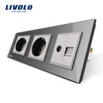 Priza tripla Livolo cu rama din sticla 2 prize simple+TV/internet