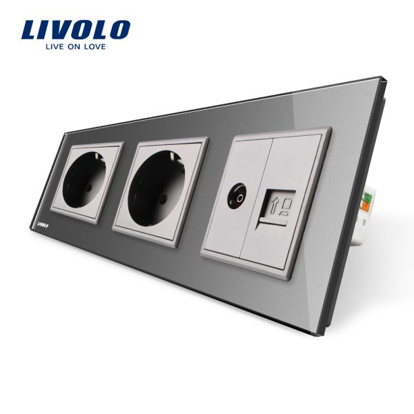 Priza tripla Livolo cu rama din sticla 2 prize simple+TV/internet