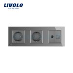 Priza tripla Livolo cu rama din sticla 2 prize simple+TV/internet