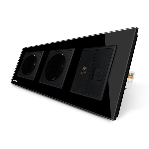 Priza tripla Livolo cu rama din sticla 2 prize simple+TV/internet