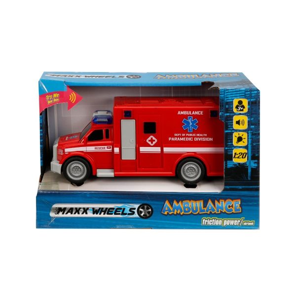 Masina de ambulanta cu lumini si sunete Maxx Wheels, 1:20, Rosu