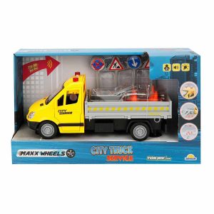 Camion de asistenta rutiera cu semne de circulatie, Maxx Wheels, Galben, 25 cm