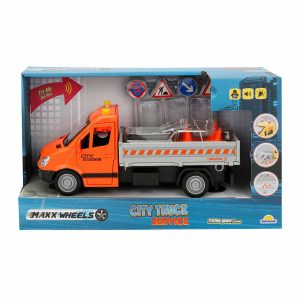 Camion de asistenta rutiera cu semne de circulatie, Maxx Wheels, Portocaliu, 25 cm