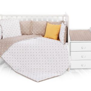 Set lenjerie de pat Lorelli, cu 8 piese din bumbac ranforce, Trend, Crowns Latte
