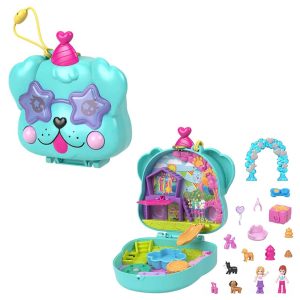 Set de joaca cu 2 papusi si 14 accesorii, Polly Pocket, Doggy Birthday, HKV30